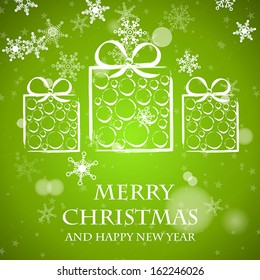 green falling snowflakes with dotted gifts. christmas concept