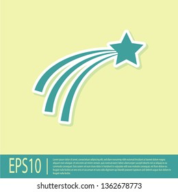 Green Falling star icon isolated on yellow background. Shooting star with star trail. Meteoroid, meteorite, comet, asteroid, star icon. Vector Illustration