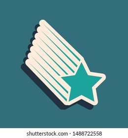 Green Falling star icon isolated on blue background. Shooting star with star trail. Meteoroid, meteorite, comet, asteroid, star icon. Long shadow style. Vector Illustration