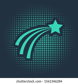 Green Falling star icon isolated on blue background. Shooting star with star trail. Meteoroid, meteorite, comet, asteroid, star icon. Abstract circle random dots. Vector Illustration