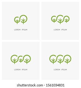 Green Family Logo Set. Big Tree And Small Plant Or Sapling Symbol - Ecology And Environment, Nature Reserve, National Park And Forest Conservation Icons.