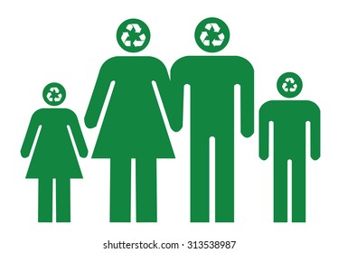 Green family with recycle symbol in head