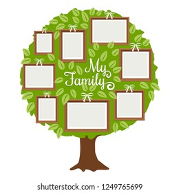 Green family tree with frames for pictures. My family card template, vector illustration