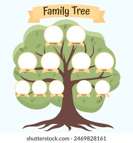 Green family tree with frames for pictures. My family card template, vector illustration