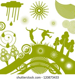 Green fancy background with  silhouettes men and women. eps10