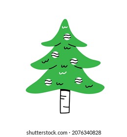 Green fancy christmas tree with christmas balls in simple linear cartoon doodle style. Vector illustration Happy New Year and Merry Christmas.