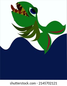 A green fantastic fish, swimming in the waves of an ocean. This illustration can be used for advertising materials of fun ocean and sea companies, and fishing organizations. Vector, isolated.