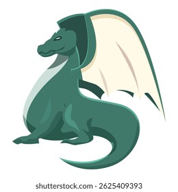 Green fantasy dragon sitting and showing its wings
