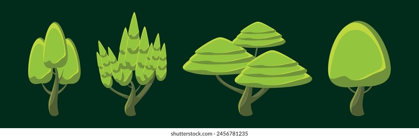 Green Fantasy Forest Tree with Trunk and Shaped Crown Vector Set