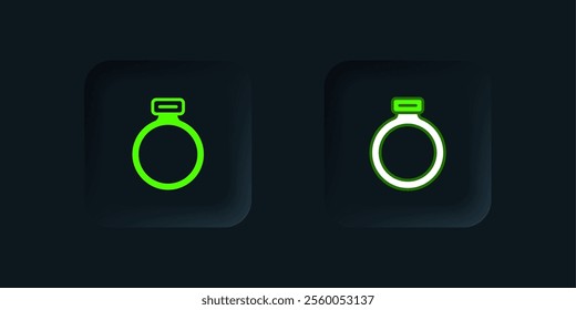 Green Fantasy magic stone ring with gem icon isolated on black background. Black square button. Vector