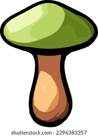 Green fantasy mushroom vector art, featuring a tall chubby stem and a wide, bulbous cap with a unique style and color. perfect for stickers, world-building, and background art projects.