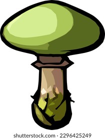 Green fantasy mushroom vector art, featuring a tall chubby stem and a wide, bulbous cap with a unique style and color. perfect for stickers, world-building, background art, and tile set  projects.