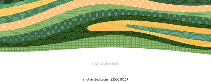 Green farm, abstract agriculture, garden template, field layout vector textured illustration. Green nature pattern, crop, hill, mountains. Ecological wavy ornament, eco header, sustainable scenic view