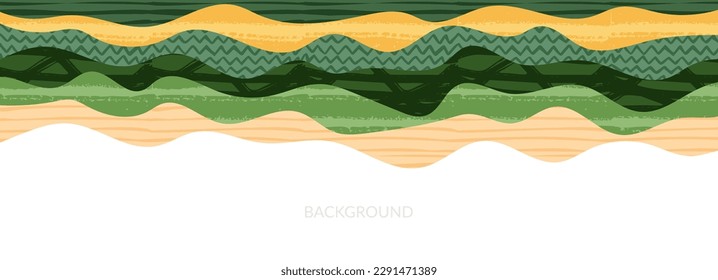 Green farm, abstract agriculture, garden template, field layout vector textured illustration. Green nature pattern, crop, hill, mountains. Ecological wavy ornament, eco header, sustainable scenic view