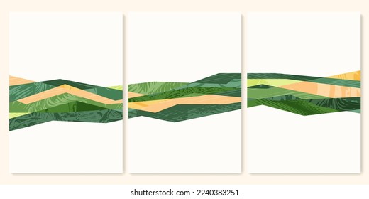 Green farm agriculture field template. Agro design vector layout. Abstract eco poster. Collection of ecology backgrounds. Eco countryside, hill shape, decoration set of organic farmland, nature art