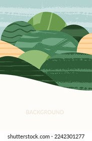 Green farm agriculture field template. Agro design vector layout. Abstract eco poster. Vertical ecology background. Eco countryside, hill shape, decoration organic farmland, nature art template