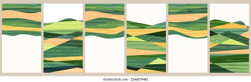 Green farm agriculture field template. Agro design vector layout. Abstract eco poster. Collection of ecology backgrounds. Eco countryside, hill shape, decoration set of organic farmland, nature art