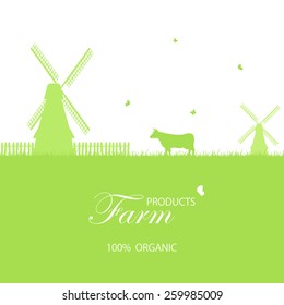 Green farm background with windmill and cow, illustration.