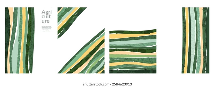 Green farm landscape abstract vector illustration. Organic field pattern, corporate brochure or magazine cover. Eco-friendly design, collage style and text frame, business flyer or booklet on ecology