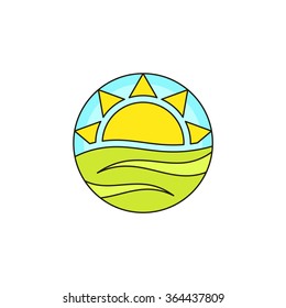 Green farm linear logo. Sun logo. Ecological and nature symbol. Vector line style agriculture logo. Sun and fields in round icon. Vector logotype landscape field and sun with contour. Travel logo.