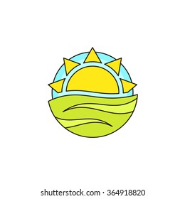 Green farm linear logo. Sun logo. Ecological and nature symbol. Vector line style agriculture logo. Sun and fields in round icon. Vector logotype landscape field and sun with contour. Travel logo.