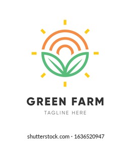 Green farm logo design: Sunshine and leaf in linear style
