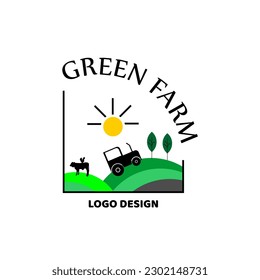 Green farm logo template,with cow, chicken and tractor.vector illustration