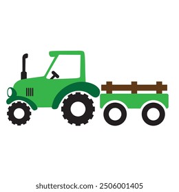 Green farm tractor and wagon vector cartoon illustration