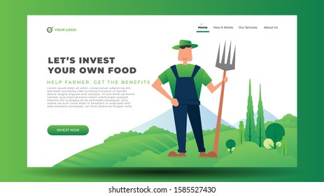 Green Farmer Invest Food Field Garden Vector Illustration Background. Landing page for website template header. Future Sustainable Energy. Eco friendly design. Landing page web template