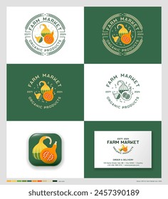 Green Farmers Market logo. Letters and bright pumpkins in a round badge. Personality, app button, business card.