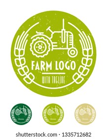 plantilla de logotipo de cultivo verde con ilustración vectorial de arte de línea de cultivo y tractor. texto de ejemplo en capa extra