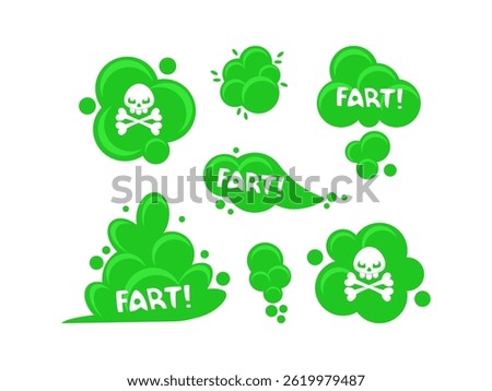 Green fart clouds with skull and crossbones, representing smelly and toxic fumes