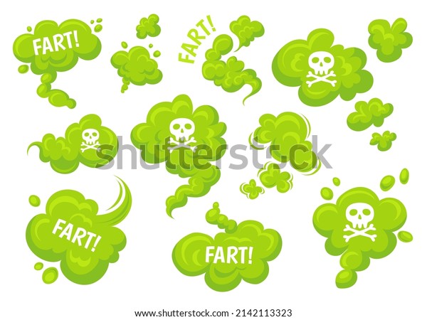 Green fart. Funny stinky clouds with skull text, pu\
farts bomb toxic trail vapor cute steam chemicals smoke, body bad\
scent garbage odor effect, neat background vector illustration.\
Smell cloud toxic