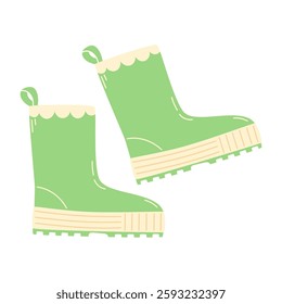 Green Fashionable Rubber Boots with Beige Sole for Rainy Weather in Spring or Fall, Flat Style Isolated on White Background