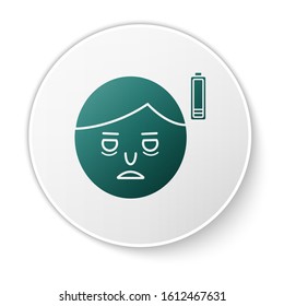 Green Fatigue icon isolated on white background. No energy. Stress symptom. Negative space. White circle button. Vector Illustration