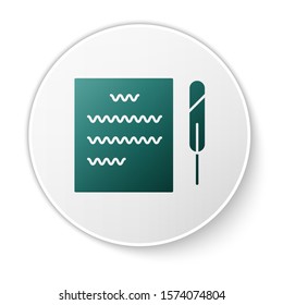 Green Feather pen and paper scroll icon isolated on white background. White circle button. Vector Illustration