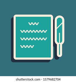Green Feather pen and paper scroll icon isolated on blue background. Long shadow style. Vector Illustration