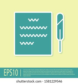 Green Feather pen and paper scroll icon isolated on yellow background.  Vector Illustration