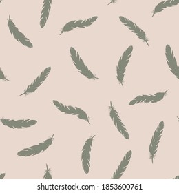 Green feathers seamless pattern on pink background.