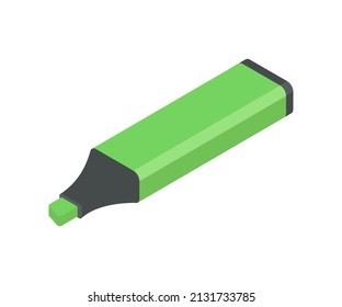 Green felt tip marker pen isometric vector illustration. Creative educational drawing instrument for highlighting isolated. Ink write bright colored permanent supply for art and business