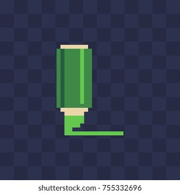 Green felt-tip pen pixel icon. Knitted design. 8-bit sprites. Isolated vector illustration.