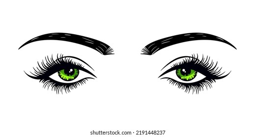 Green female eyes with extended eyelashes and eyebrow. Cat eye. Flat style with hand drawn lashes and brow. Business card idea, vector typography. Perfect green woman's eyes on white background. eps10