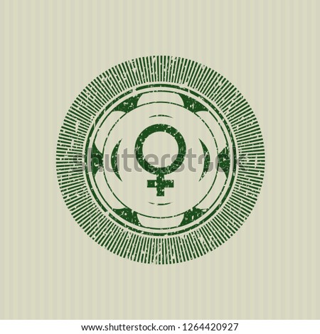 Green female icon inside distressed rubber grunge seal