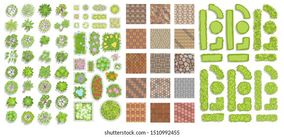 Green fence, trees, bushes and flower beds. (Top view) Different plants and trees vector set for architectural or landscape design. (View from above) Set of vector street pavements.