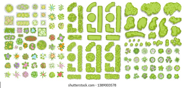 Green fence, trees, bushes, flowers and flower beds. (Top view) Different plants and trees vector set for architectural or landscape design. (View from above) Nature green spaces.