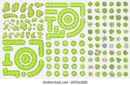 Green fence, trees, bushes. (Top view) Different plants and trees vector set for architectural or landscape design. (View from above) Nature green spaces.