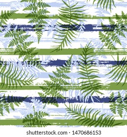 Green fern frond overlapping stripes geometric botanical seamless pattern vector design. Tropical plant floral fabric print. Cool bracken grass, turquoise fern over horizontal stripes graphics.