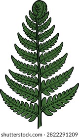 Green fern leaf illustration features delicate fronds and a prominent unfurling frond at the top showing natural growth