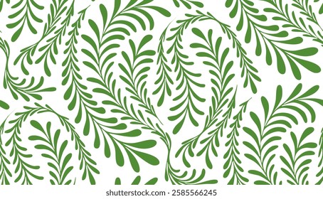 Green fern pattern seamless on a white background. Elegant nature fern leaf pattern with swirling leaves, perfect for textiles, wallpaper, and decorative backgrounds.