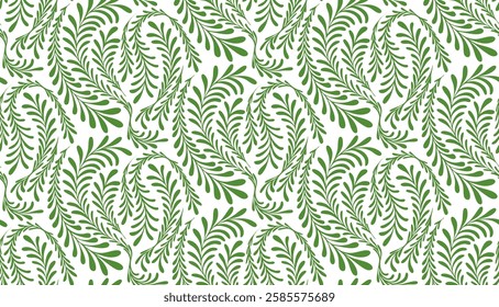 Green fern pattern seamless on a white background. Elegant nature fern leaf pattern with swirling leaves, perfect for textiles, wallpaper, and decorative backgrounds.